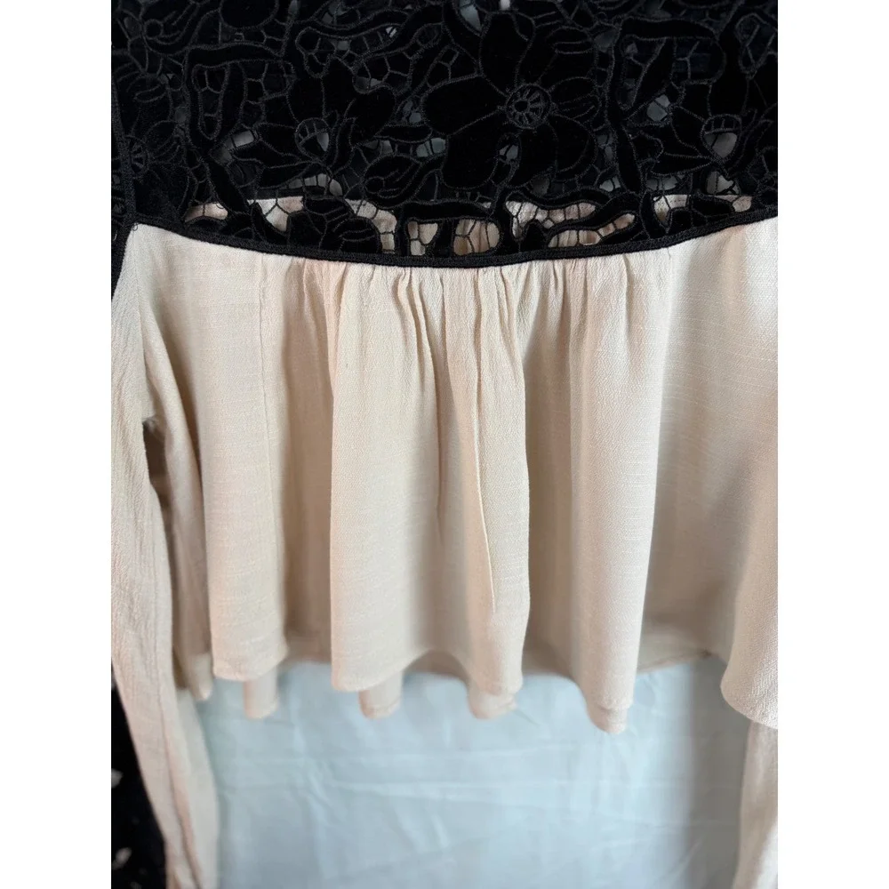 Velvet Lace Free People Crop‎ Top Long Sleeve Black Cream Boho Victorian Blouse